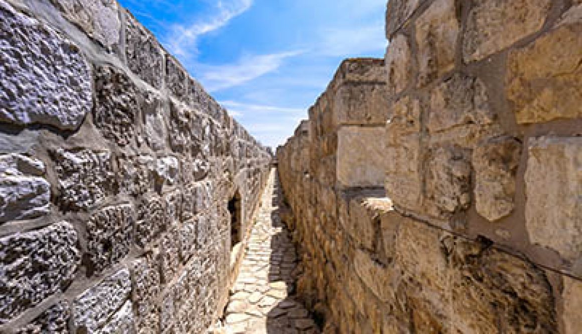 Jerusalem, Israel, scenic ramparts walk over walls of Old City with panoramic skyline views