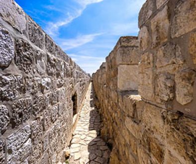 Jerusalem, Israel, scenic ramparts walk over walls of Old City with panoramic skyline views