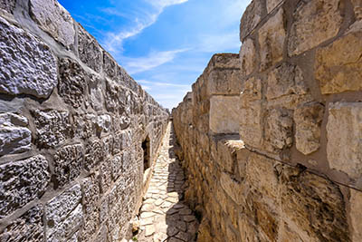 Jerusalem, Israel, scenic ramparts walk over walls of Old City with panoramic skyline views